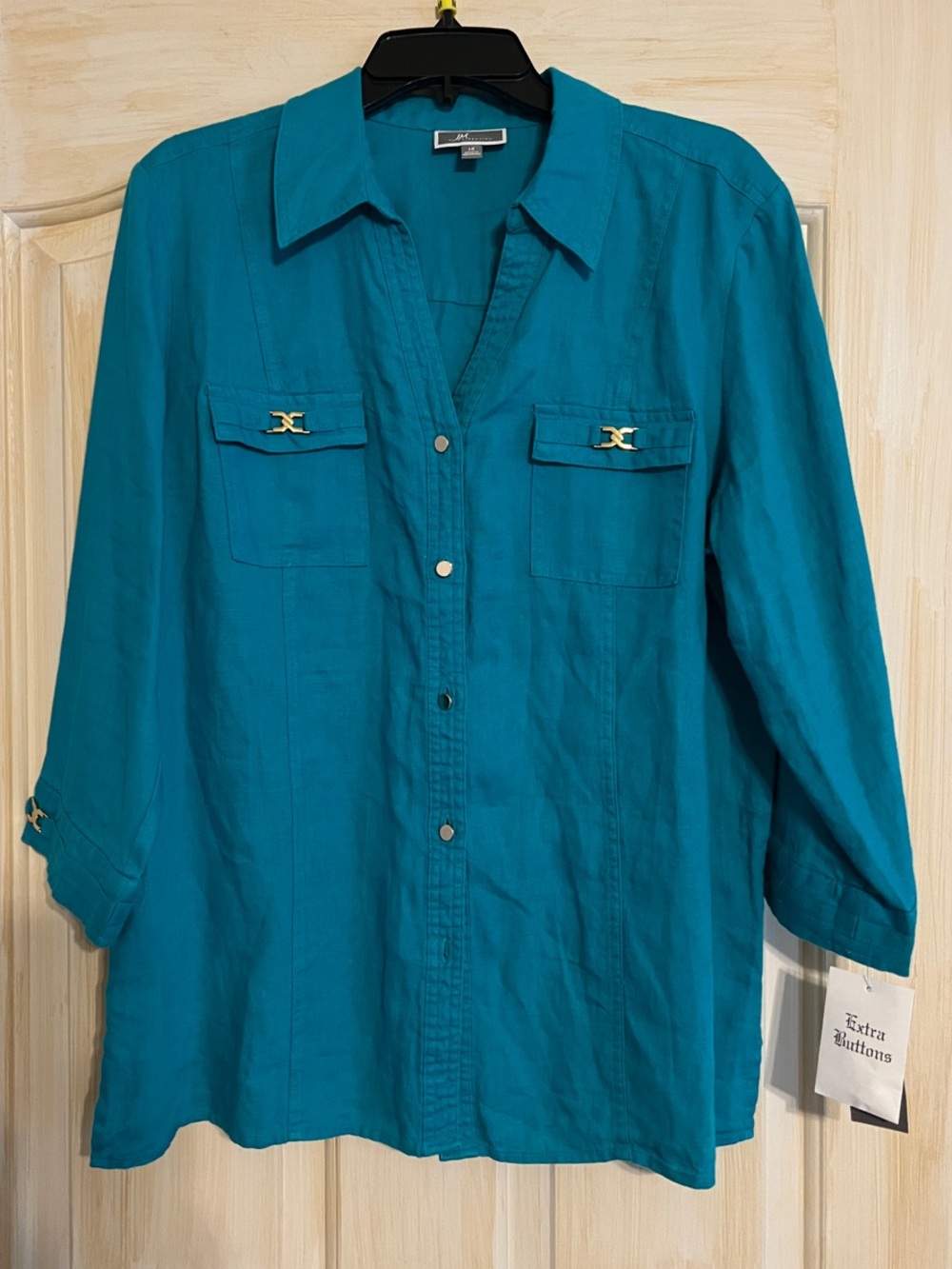 JM Collection Teal Button-Down Blouse with Gold-Tone Accents 100% Linen